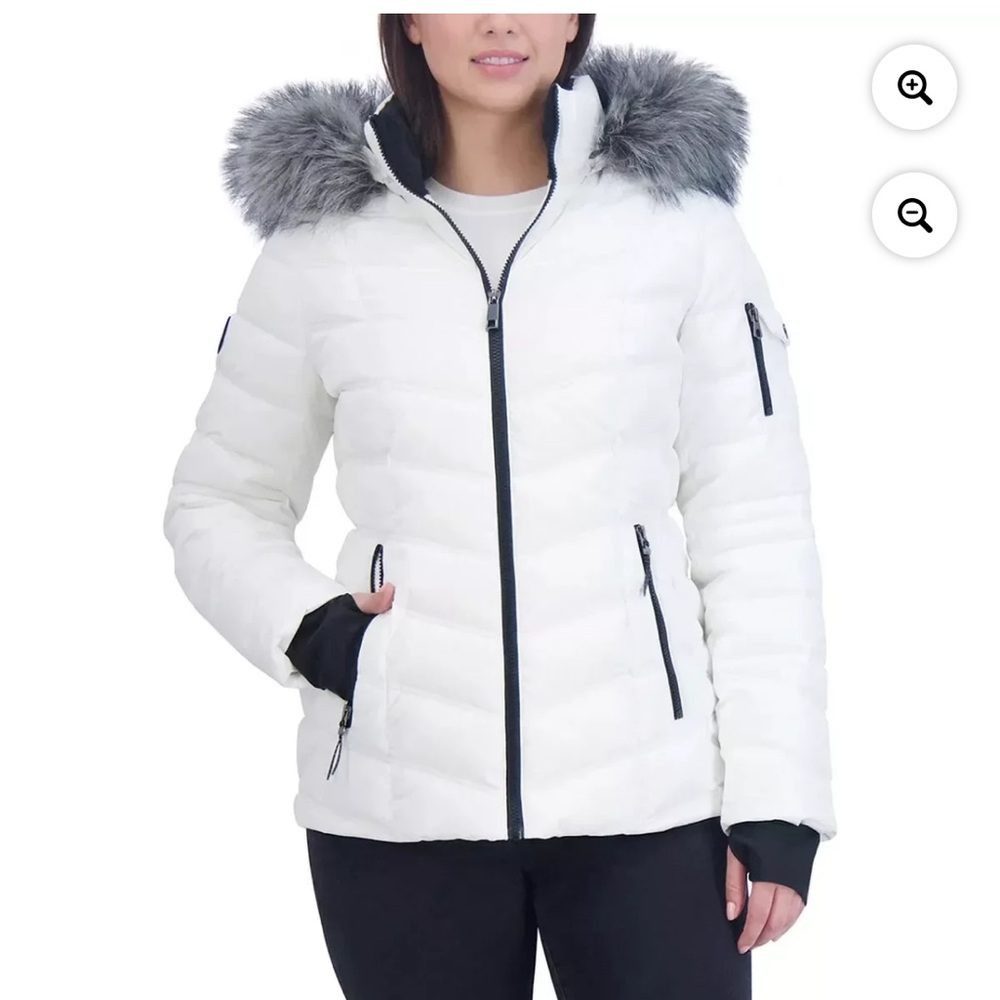 Nautica Women's Cream Puffer Coat with Faux Fur Trim